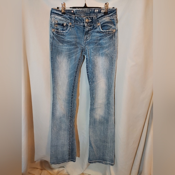 Miss Me Light Blue Boot Cut Low Rise Jeans with Intricate Embroidery 26 - Picture 2 of 7
